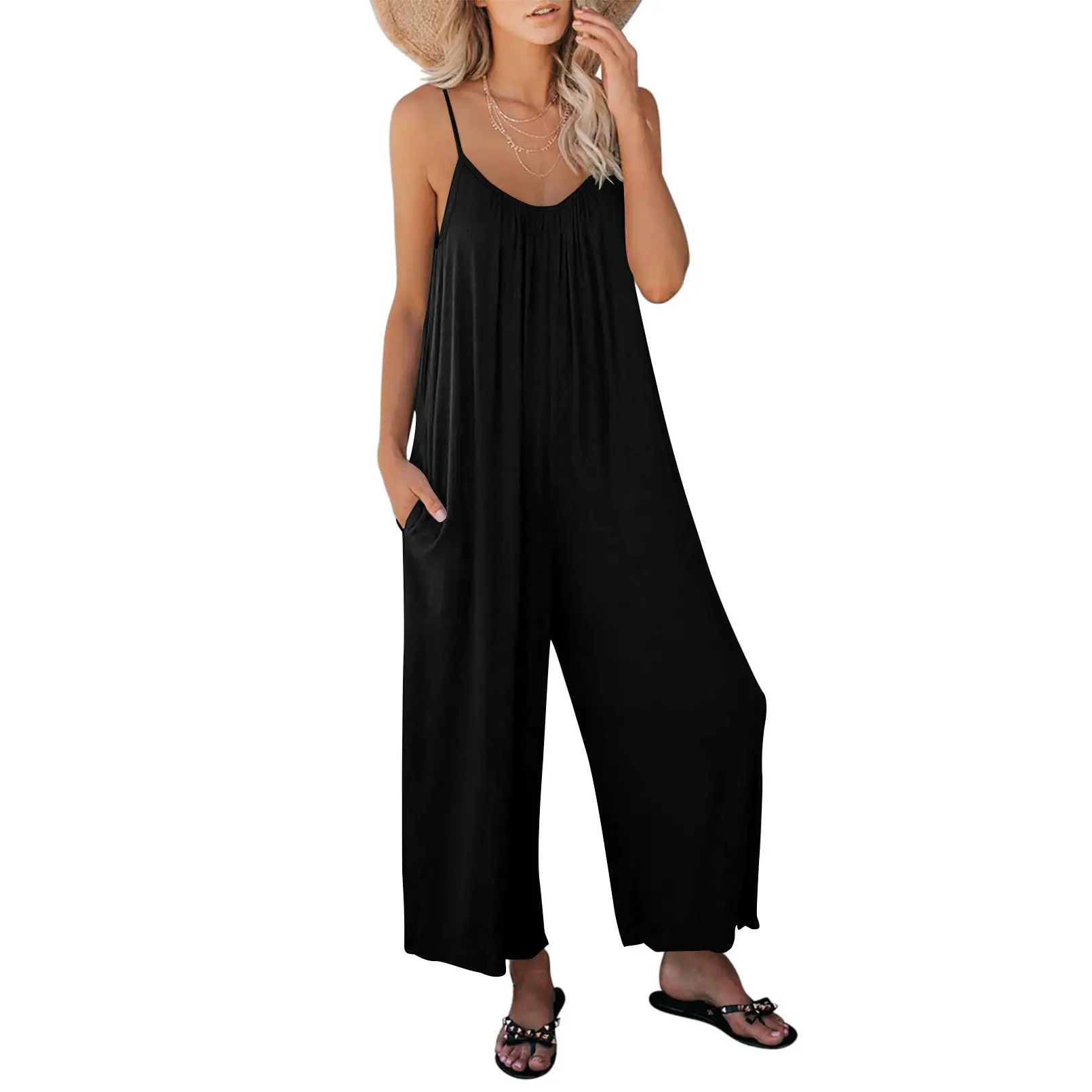 ANRABESS Women's Summer Loose Casual Sleeveless Spaghetti Strap Wide Leg Jumpsuits Rompers Outfits with Pockets Style Adjustable