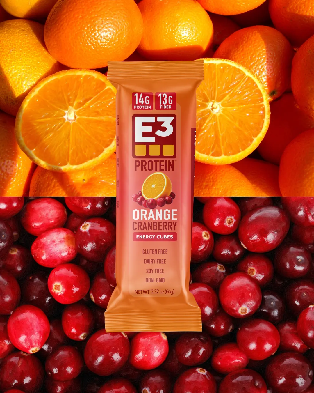 Orange Cranberry E3 Energy Cubes - Refrigerated Protein Bars (12 bars) | Gluten-free | Dairy-free | Soy-free | Non-GMO | All Natural | High Fiber | Egg White Protein and Grass-fed Collagen Peptides | Meal Replacement or Snack | Clean Ingredients, Coconut,