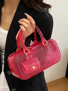 1pc Women's mini Boston jelly bag, made of transparent PVC material, paired with a small coin purse in the same color scheme, versatile for daily commuting in summer, a must-have handbag for women at the beach Casual Handbag