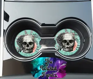 Cute Car Coasters Set of 2 Teal Pink Floral Skull Skeleton Cute Car Truck Accessories Decor Cup Holder New Car Gift Car Decoration Women Man