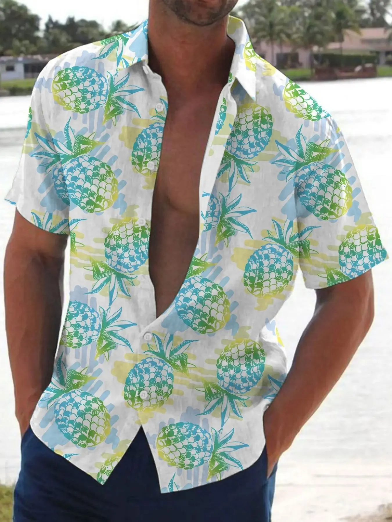 Men's Summer Hawaiian Tropical Button Up Shirt Collared Blue Pineapple Print, Soft Skin-Friendly Material, Perfect for Vacation Casual Wear, Casual Tropical Style, Limited Time Offer
