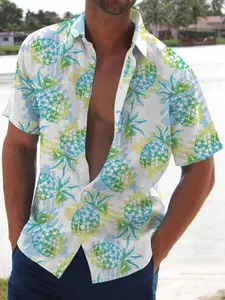 Men's Summer Hawaiian Tropical Shirt Blue Pineapple Print, Soft Skin-Friendly Material, Perfect for Vacation Casual Wear, Limited Time Offer