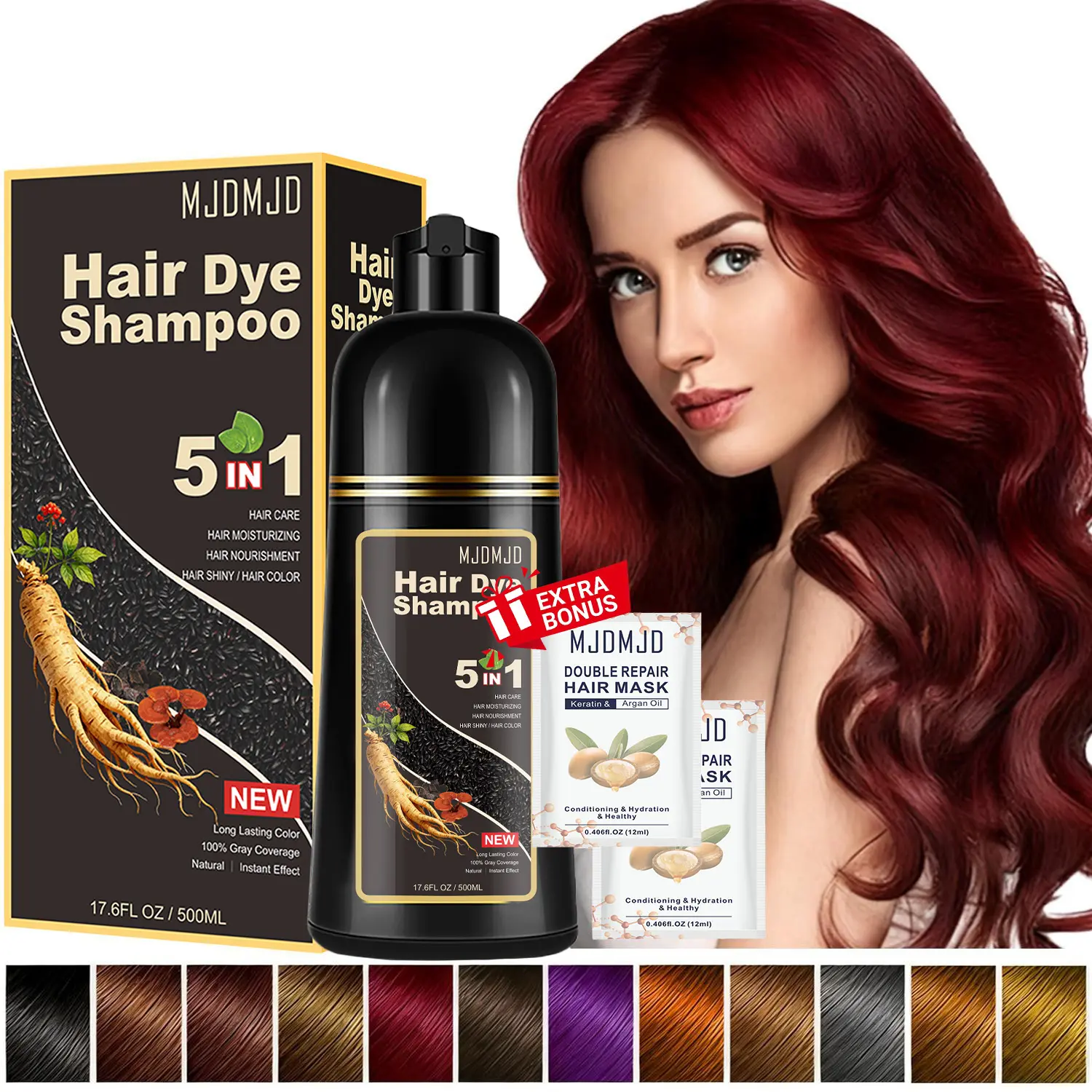 Wine Red Hair Dye Shampoo for Men & Women - 100% Gray Hair Coverage in Minutes, Long-Lasting Burgundy Color with 3-in-1 Pure Plant Extract Formula, Natural & Easy to Use for All Hair Types (17.6 Fl Oz)