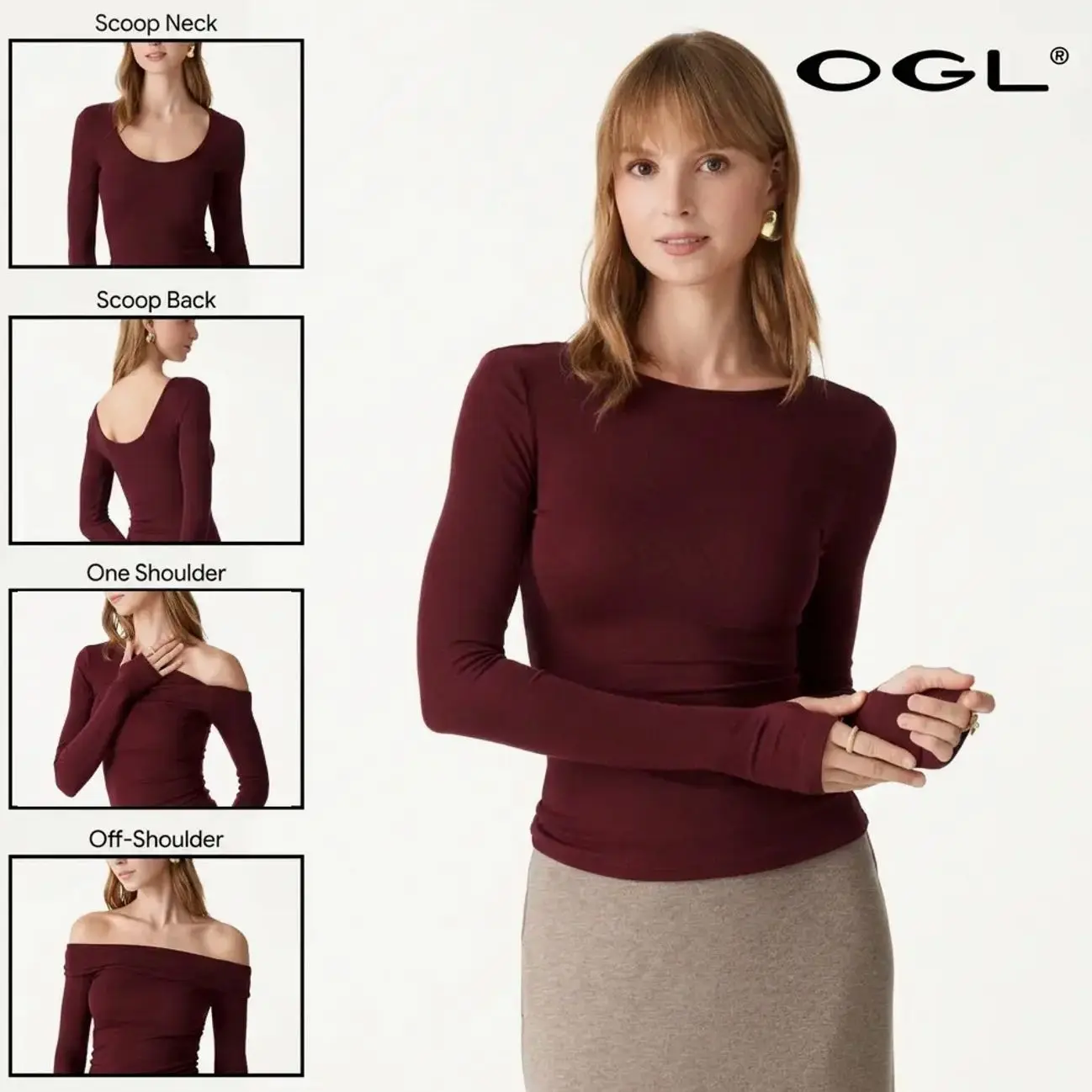 OGL LiteWarm Essential Lyocell Cashmere Multi-Wear Long Sleeve Top with Thumbholes Women's Basic Minimalist Style Fashionable