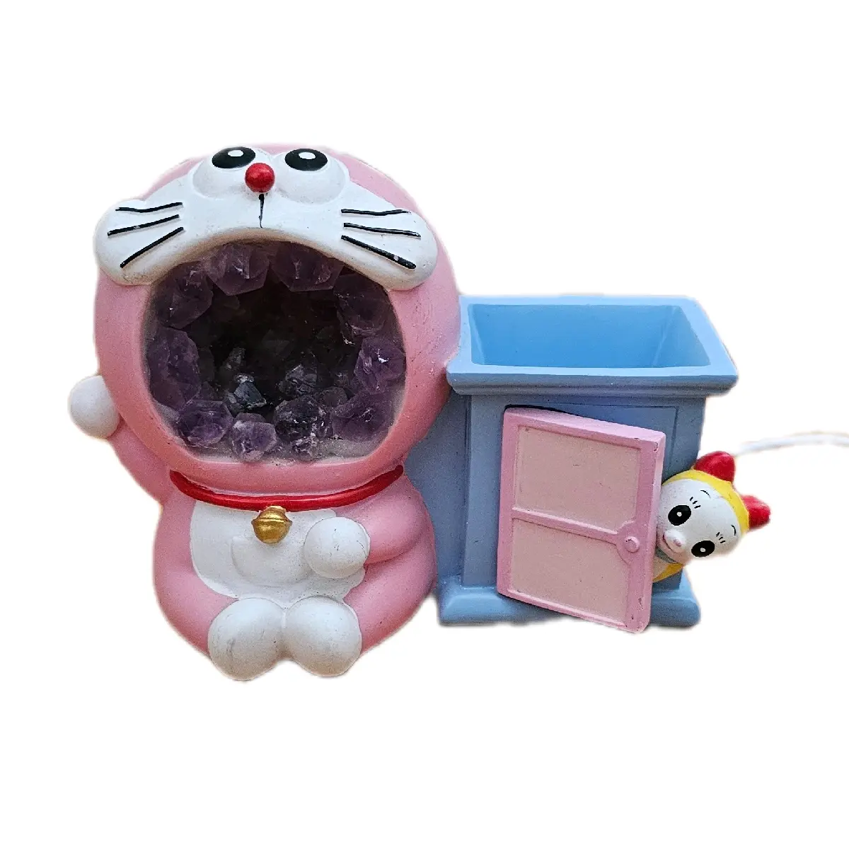 Adorable Animal Figures with Natural Raw Amethyst crystals that light up (desk lamp). Attached Organizer/Pencil Holder, Home Ornament