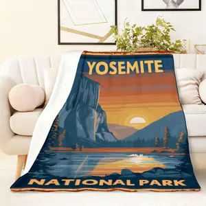 Yosemite National Park Scenic Blanket with Sunset Mountain Lake Print Soft Flannel Throw for Home Decor Couch Sofa Bed Travel Camping Lightweight Warm Cozy Gift for Nature Lovers Outdoor Enthusiasts W