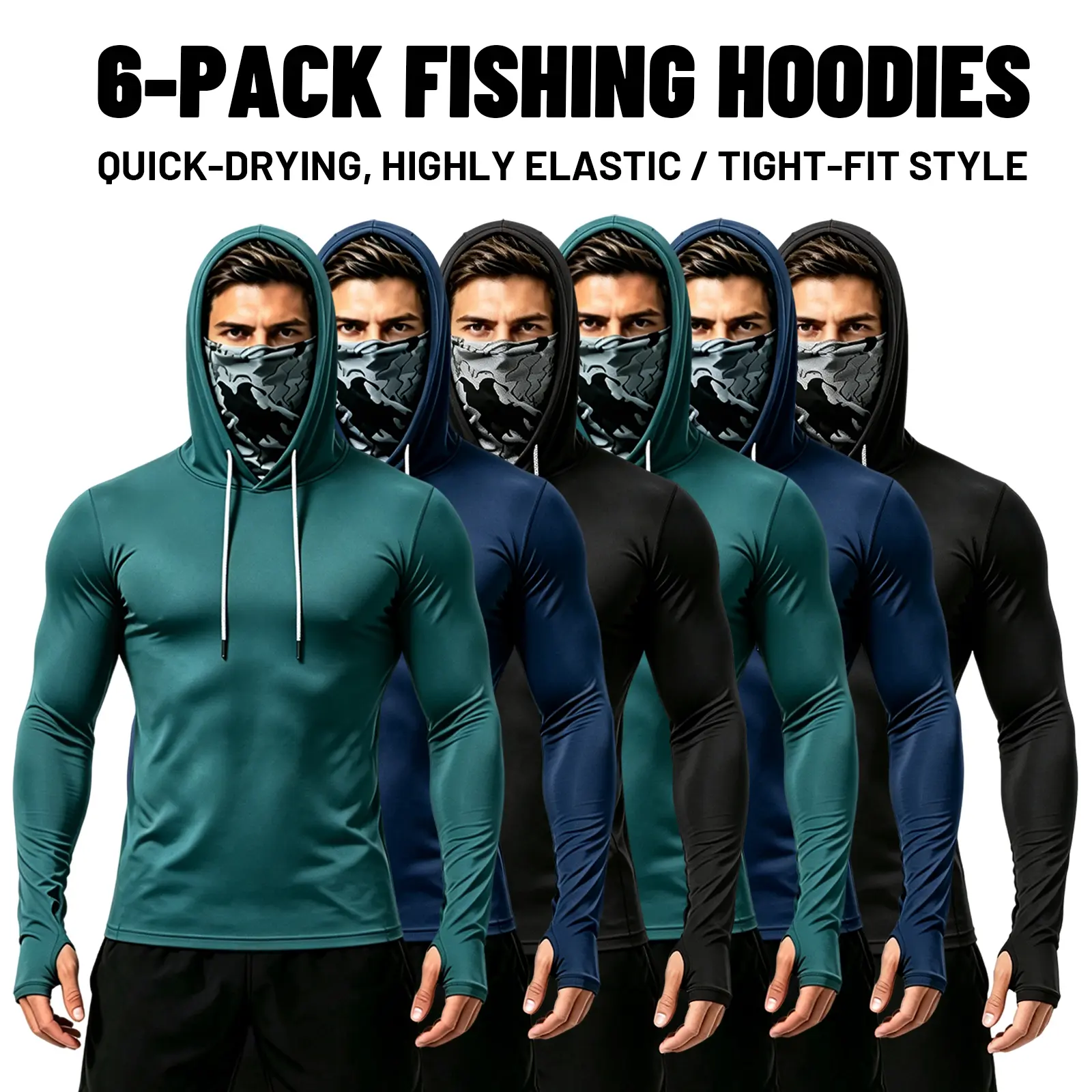 6/5/3 Pack Men's Sun Protection Long Sleeve Hooded Shirts, 4-Way Stretch Quick Dry Compression Work Shirt with Built-in Face Mask & Neck Gaiter, UV Protection for Fishing Cycling Gardening Outdoor Work,back to school,back to school shopping