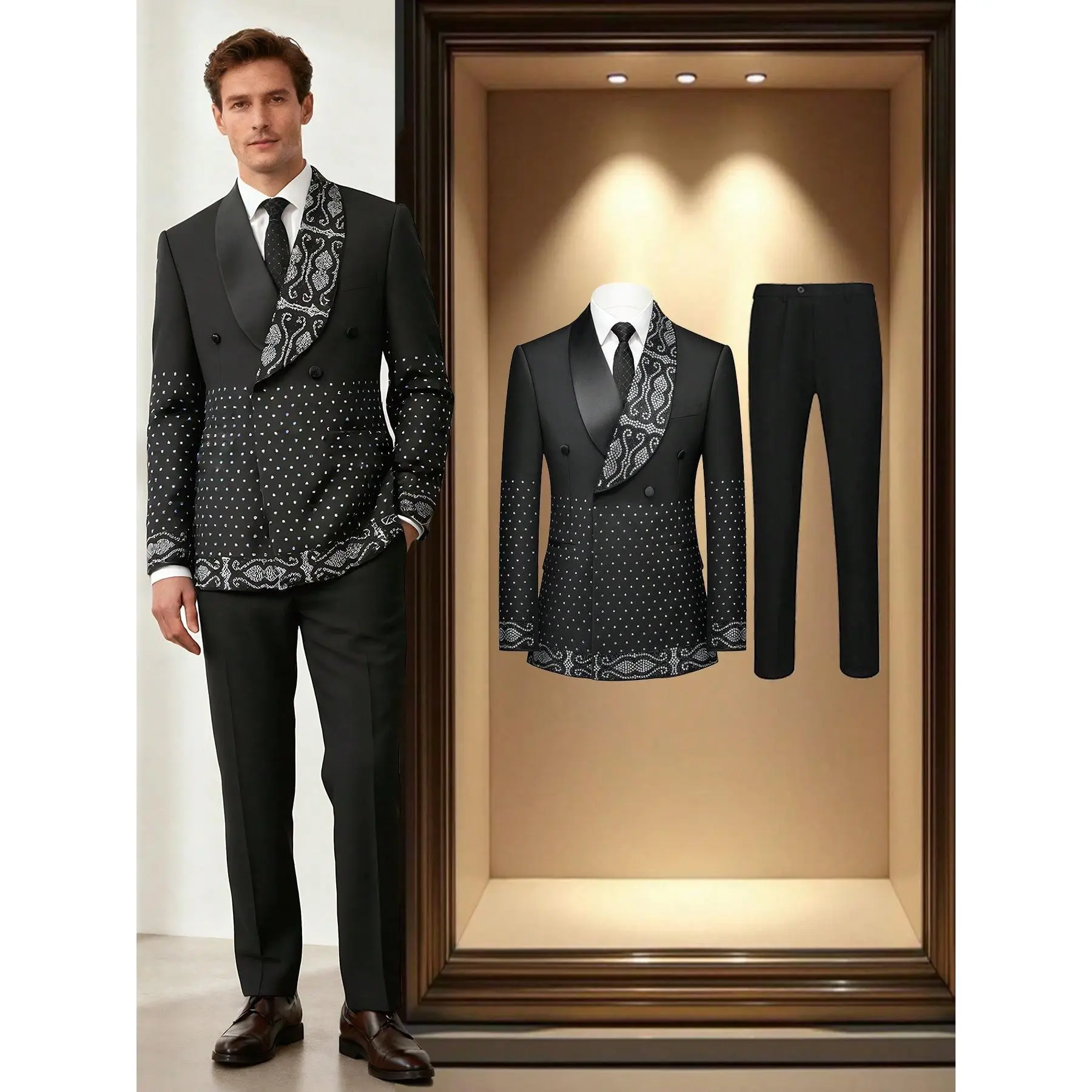 Men's 2-Piece Rhinestone Tuxedo Suit  Double-Breasted Shawl Collar Blazer  & Pants | Elegant Formal Wear for Wedding, Party & Prom - TikTok Shop