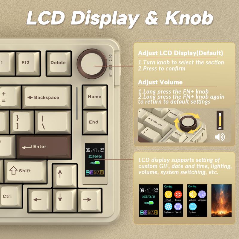 AULA S75 Pro 75% Wireless Mechanical Gaming Keyboard Tri-Mode Connection(Bluetooth/2.4G/Wired) Hot-Swappable Custom LCD Screen & Multifunction Knob RGB Backlight Long Battery Life (Cream Latte) PC Gaming Accessories Computer Creamy keyboards