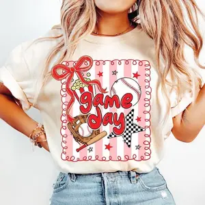 Comfort Colors Preppy Baseball T-Shirt, Game Day Baseball Coquette Shirt, Baseball Bow, Baseball Mama Shirt, Checker Baseball Mom Sublimation, baseball shirt, Cotton Crewneck T-Shirt