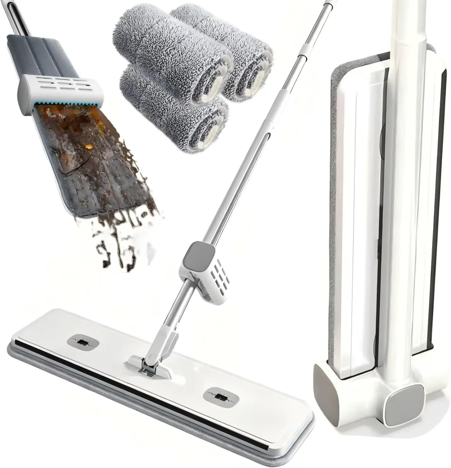 Hands Free Microfiber Mop with 3 Washable Pads 61" Stainless Steel Handle, Efficient Flat Mop, For All Hard Floors with Foldable Buckets