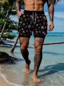 New 2026 Men's Tropical Party Double-Layer Beach Shorts, Flamingo Cocktail Print, Casual Vacation Style, Slim-Fitting, Summer Wear