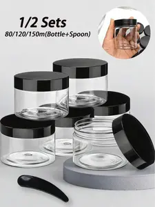 Refillable leak-proof cosmetic jars with spoon. Perfect for face cream, eye cream, lotion and DIY masks. Portable sealed travel containers, spoon color random.