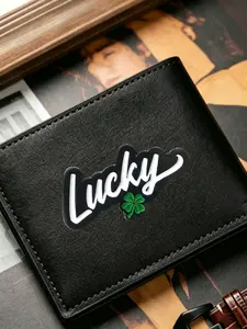 #LuckyCloverWallet #GoodLuckDesign | Men's Black Leather Bifold Wallet with "Lucky" Print & Four-Leaf Clover, Slim & Whimsical Card Holder, Durable Faux Leather Purse, Multiple Compartments, Perfect for Daily Use & Good Luck Gifts, Stylish & Meaningful Ac