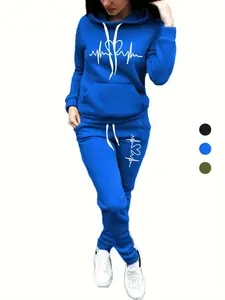 Women's Casual Hooded Sweatshirt Set with Drawstring Waist, Letter Print, Thick Knit Fabric, Slim Fit, Fall & Winter Wear