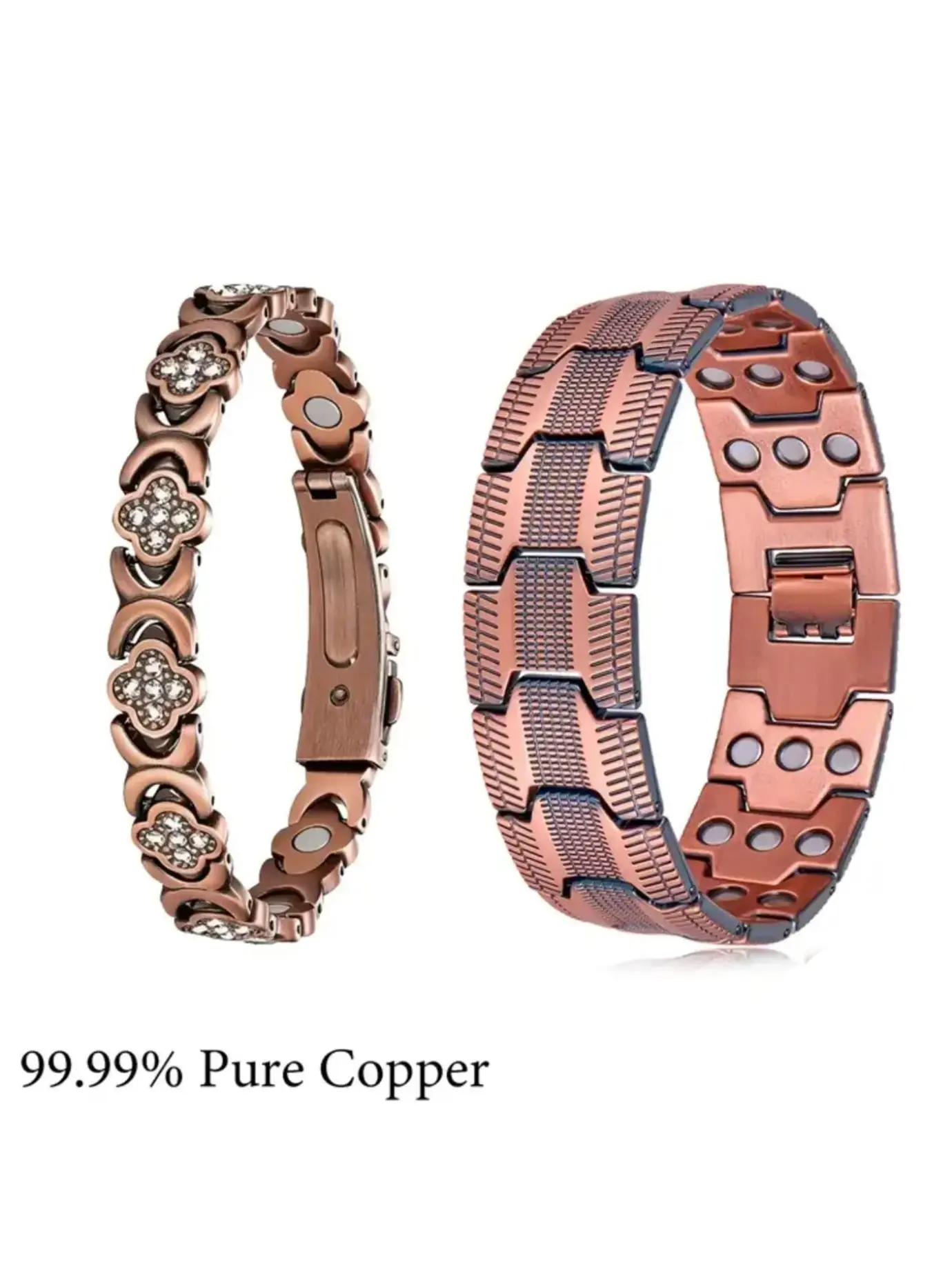 Unisex Vintage Copper Bracelet Set (2 Pcs), Bracelets Jewelry, 99.99% Pure Copper, Clover & Diamond Accents, Ideal Gift for Couples, Mother's Day, Father's Day