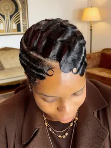 13x4 Lace Front Finger Wave Pixie Cut Wig Human Hair 180% Density Pre-Plucked Elegant Protective Hairstyle for Women Glueless Human Hair