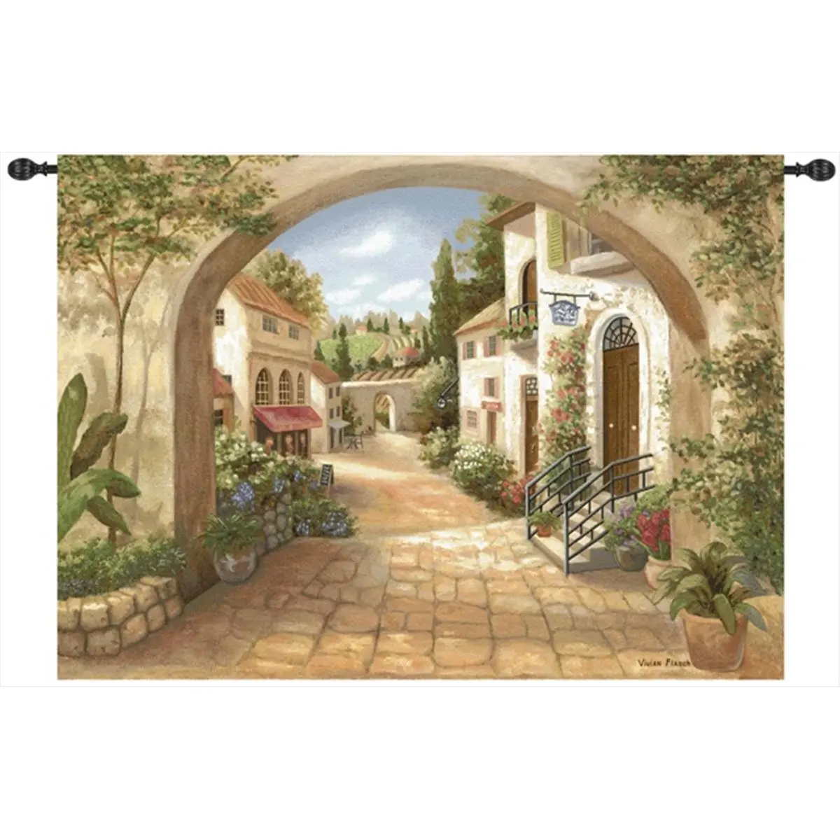 Manual Woodworkers and Weavers HWGFQT Jacquard Loomed Quaint Town Scene Cotton Tapestry Wall Hanging - 70x50in Horizontal Wall Decor, Spot Clean Room Art, Home Supplies for Traditional, Classic Spaces