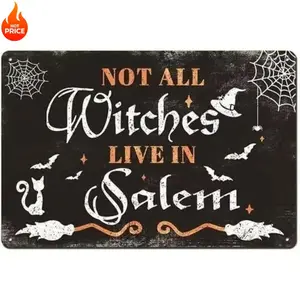 "Not All Witches Live In Salem" Vintage Metal Tin Sign, 12x8 Inch Retro Halloween Wall Decor, Rustic Witchy Plaque for Kitchen, Home & Spooky Season