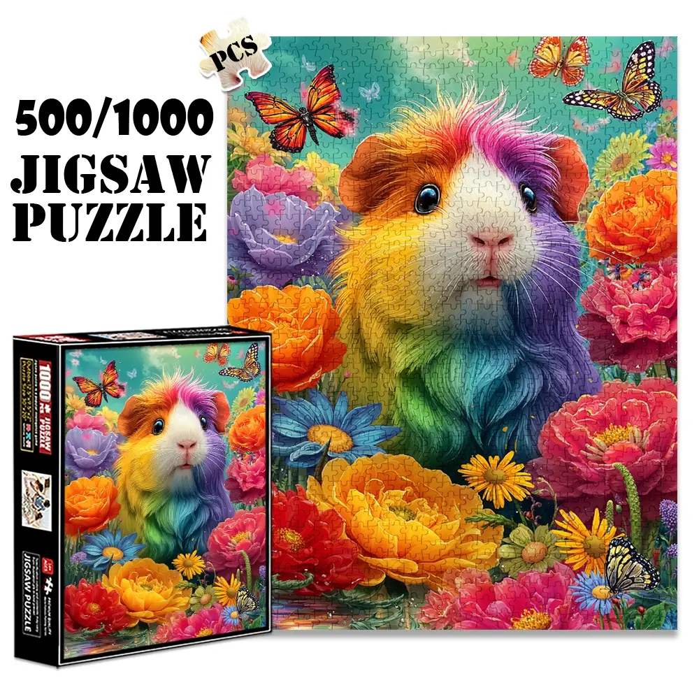 1pc 1000 piece adult puzzle 70x50cm Colorful Guinea Pig Surrounded by Flowers and Butterflies 500 pieces of paper jigsaw puzzle, suitable for adults and families, large-scale DIY puzzle interactive Animals