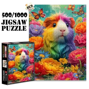 1pc 1000 piece adult puzzle 70x50cm Colorful Guinea Pig Surrounded by Flowers and Butterflies 500 pieces of paper jigsaw puzzle, suitable for adults and families, large-scale DIY puzzle interactive