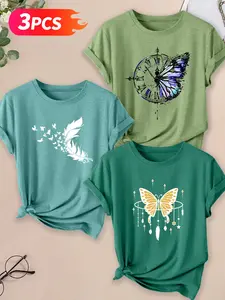 Butterfly Travel Series Cotton Print T-Shirt, Fashionable Loose Streetwear, Casual Fitted Set, All Seasons, Must-Have Item