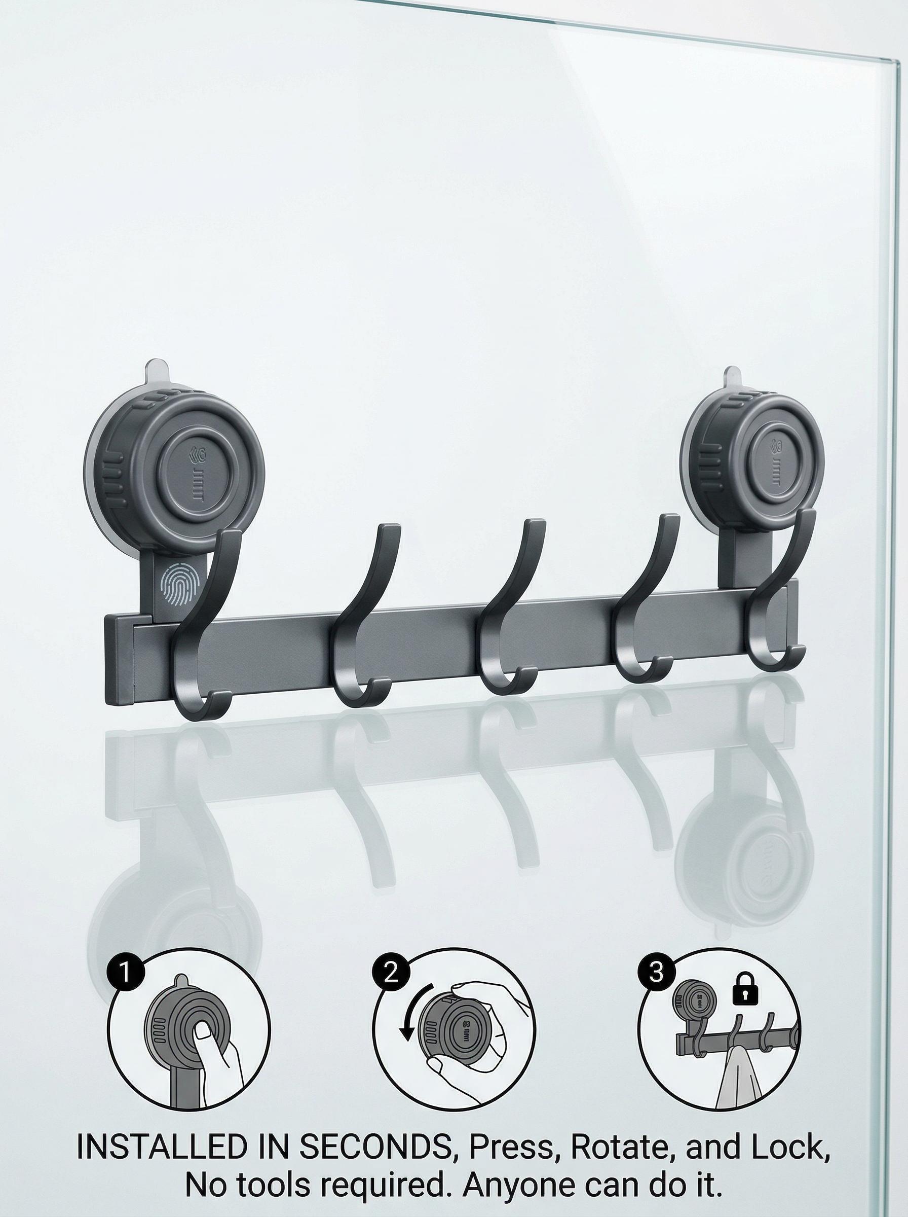 No Drill Succo Hook Rack, Heavy Duty Vacuum Suction Cup Towel Hooks for Bathroom, Wall Mounted Space Aluminum Hanger with 6 Hooks, Waterproof & Reusable, No Damage for Shower, Kitchen, RV, Renters, Hold Towels, Utensils, Robes, No Holes, Easy Install