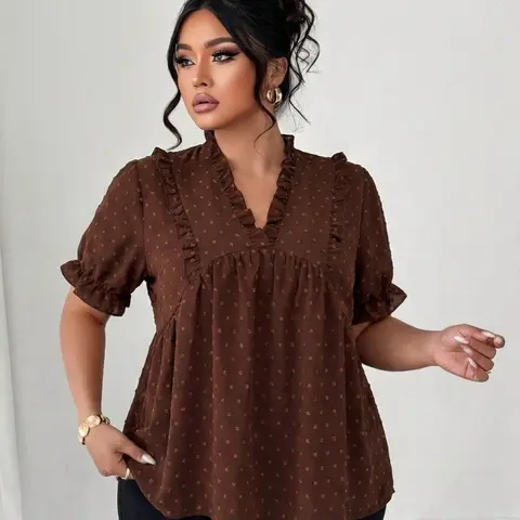 Women's V-Neck Ruffle Hem Dressy Shirt, Blouse, Loose Fit Summer Top, Comfortable Daily Wear, Stylish Women's Clothing