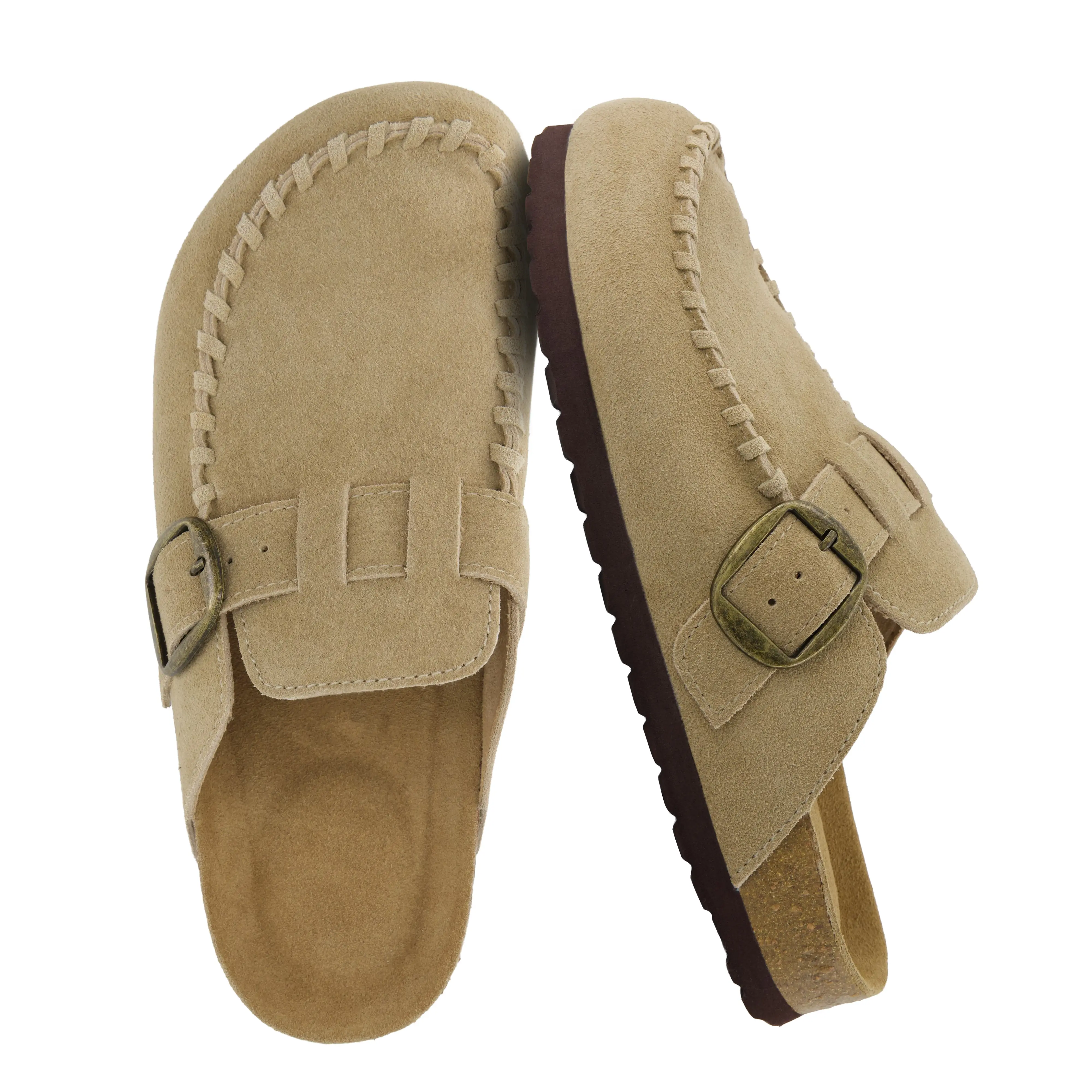Cushionaire Canoe Genuine Suede Clogs for Women - Genuine Leather Slip-On Mules with Cushioned Heel Cup and Cork Footbed | Moc-Toe Stitching | Arch Support & Adjustable Buckle Strap