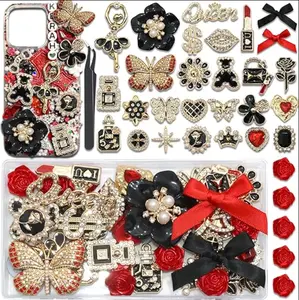 Junk Case Charms Red Black Bow Flower Charm for Phone Cases 3D Gold Butterfly Rhinestone Junk Case Kit Elegant Heart Rose Bear Big Charms Customizing DIY Craft Accessories