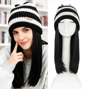 Soft Knitted Winter Beanie Hat with Hair Extension for Women - Synthetic Straight Hairpiece for Warm and Stylish Winter Wear