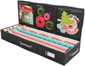Wrapping Paper Storage Container, Under Bed Gift Wrap Organizer, 41"x14"x6", Holds 18-24 Rolls Up to 40", 600D Oxford Material with Pockets for Ribbon Bows Accessories, Black