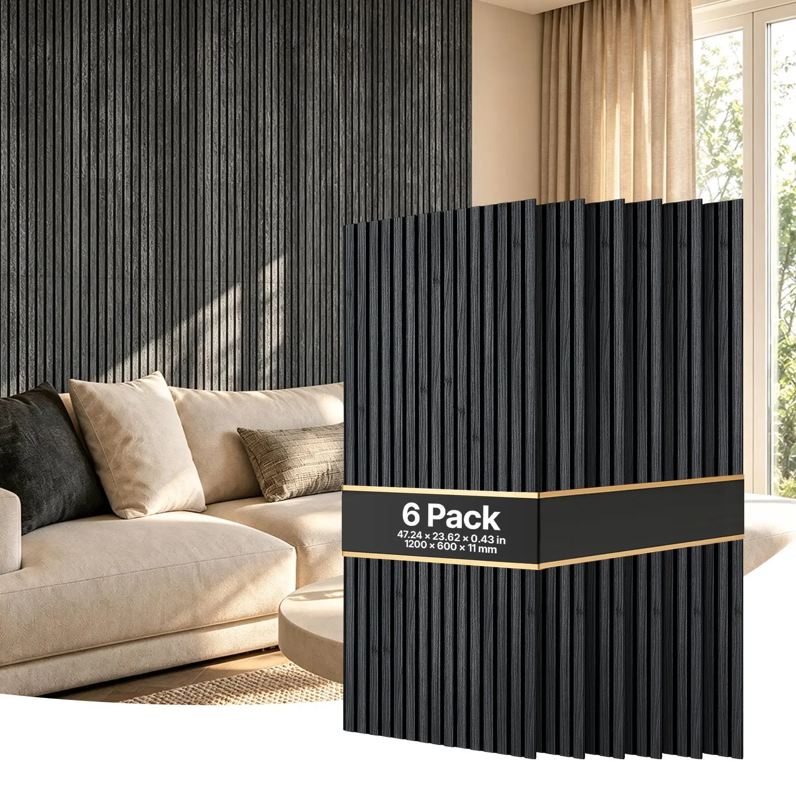 VEVOR 6-Box Pack Modern Rectangular Wood Wall Panels, 47.2x23.6in Black Oak Acoustic Sound-Absorbent Panels, NRC 0.75, MDF & PET Construction, Screw Kit Included, Indoor Use for Living Rooms, Home Improvement Wall Decor#SohoChic