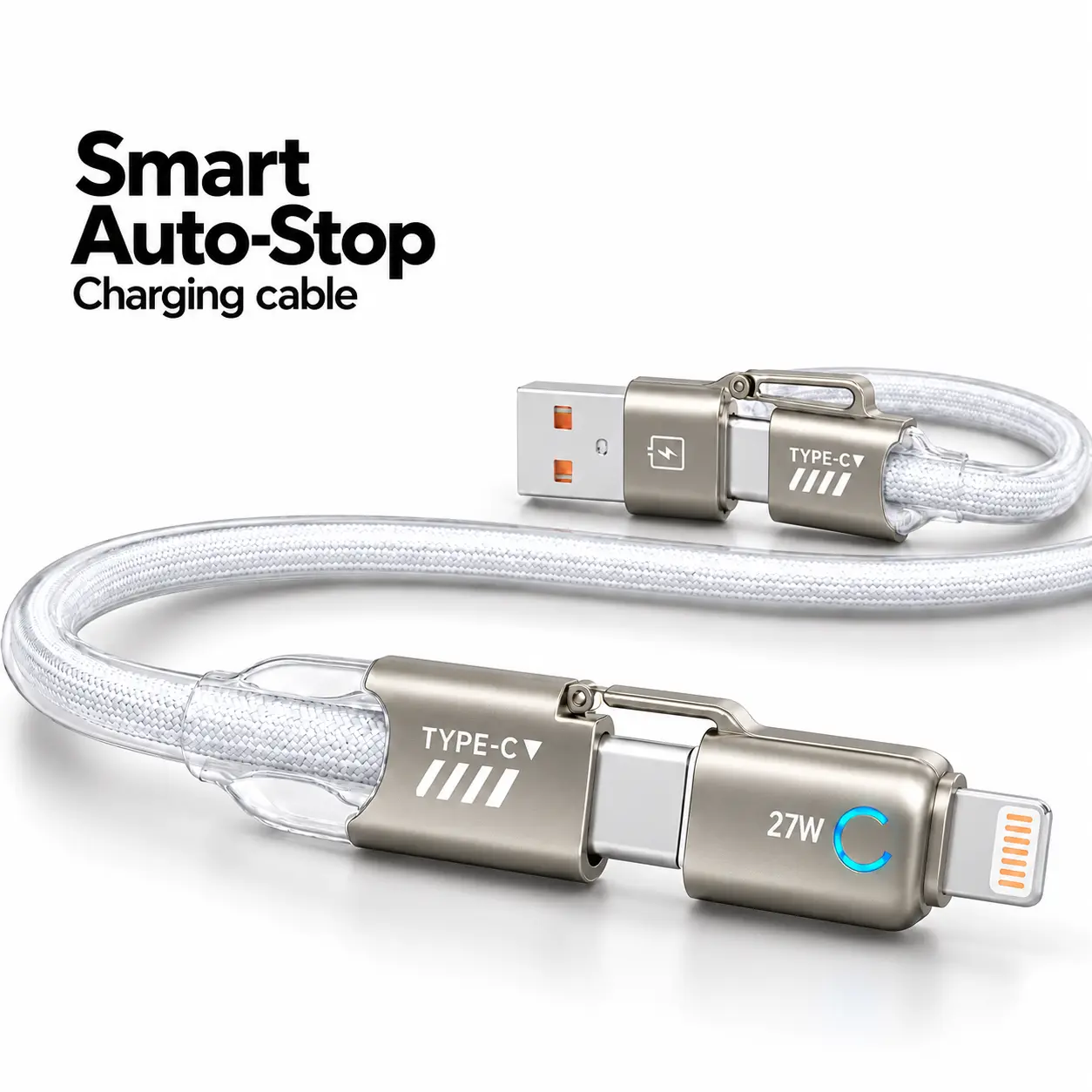 OOI Smart Auto-Stop Charging Cable, 4-in-1 A/C to C/Lightning, 5FT PVC & Braided Cord with LED, 100W Max, Auto Protection for Overnight Charging, Compatible with iPhone & Android Devices,techvibes