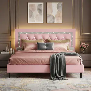 Bed Frame with LED Lights (USB LED Strip), Queen Size with Storage & Diamond Tufted Headboard, Wooden Slats Support, No Box Spring Needed, Easy Assembly, Twin/Full/Queen/King, White/Pink/Black, Bedroom Decor Furniture