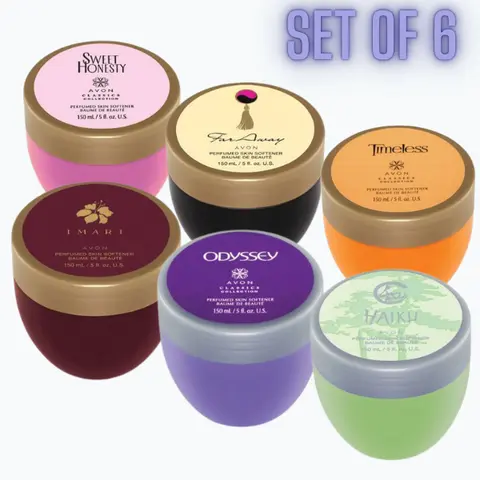 Avon Skin Softener SET of 6 - Far Away, Odyssey, Haiku, Sweet Honesty, Timeless, Imari - 2.6 oz Each - Floral & Oriental Fragrances for Daily Use. Perfumed Floral Skin Softener Set.