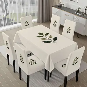 5/7-piece 2D Flat Printing Green and White Leaf Combination Printing Pattern Tablecloth and Chair Cover Set, for dining table and chair decoration, perfect for home, holiday gatherings, restaurants, and parties, Chair Covers Set