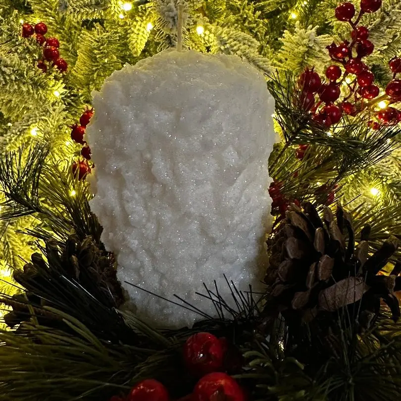 Snow Covered Pillar Candle Set 2 for Holiday Christmas Decor 6 Inch Winter Charm Festive Settings