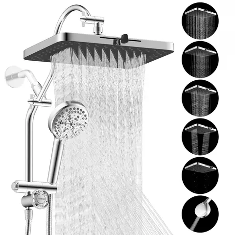 Hibbent Upgraded Chrome Wall-Mount Brass Shower Combo - cUPC Certified Modern Shower Head (13in High-Pressure Rainfall), 10-Settings 10-Spray Mode 5-Jet Handheld, 4-Way Diverter 12in Extension Arm, 71in Hose, Holder, 4-in-1 Adjustable System