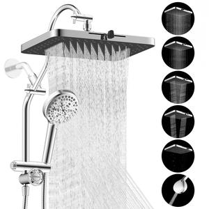 Hibbent Upgraded Chrome Fixed Shower Head Combo - 13'' Easy Reach High Pressure Rainfall Shower, 5-Jet Fixed Showerhead, 10-Mode Handheld, 12'' Extension Arm, 4-Way Diverter, 71'' Hose, Holder, cUPC Certified (Multi-Spray, Adjustable), Jets Fixed Showerhe