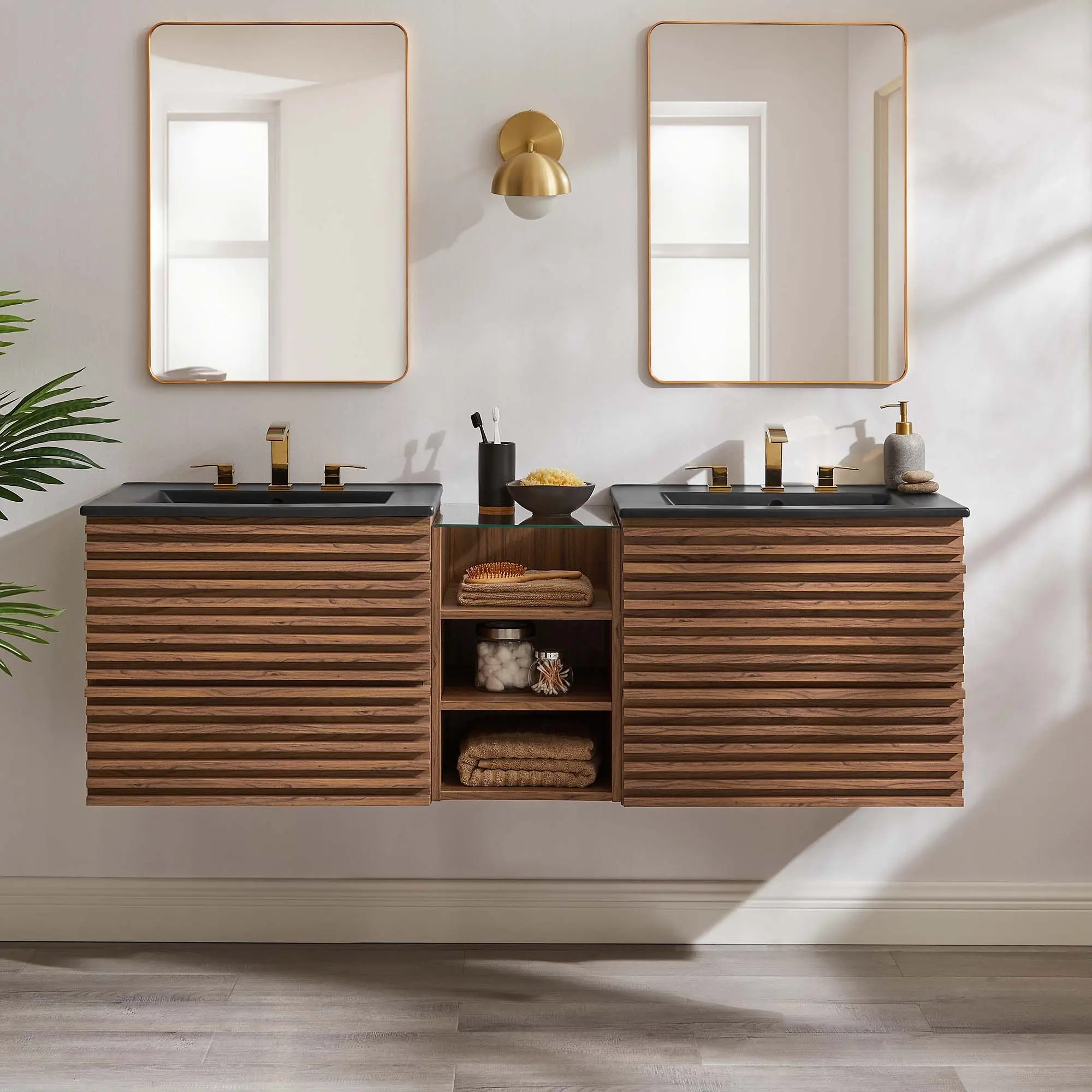 Render 62" Wall-Mount Double Sink Bathroom Vanity in Walnut Black