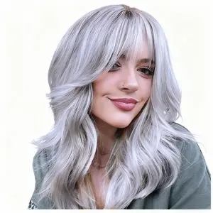 Silver Grey Layered Wig! Side Part With Bangs - Synthetic Wavy Natural Hair for Daily & Party