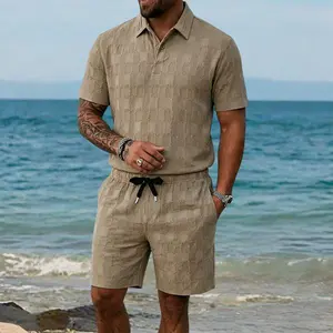 Men's summer beach suit, short-sleeved shirt and shorts, made of high-quality polyester and spandex fabric, suitable for vacation and casual wear.