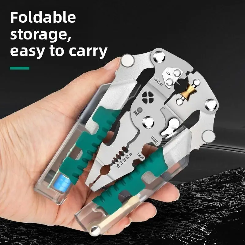 Heavy Duty Foldable Electric Pliers with Voltage Test Function, Multifunction Wire Stripping Crimping Winding Tool for Home & Professional Use