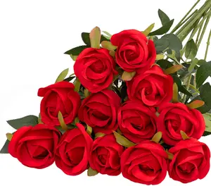 Artificial Silk Flowers Realistic Roses Bouquet Long Stem for Home Wedding Decoration Party A-Red -1