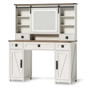 SIKAIC Lighted Vanity Table, White Wood Frame Makeup Vanity with Sliding LED Mirror, Suitable for Modern Farmhouse and Rustic Home Decor