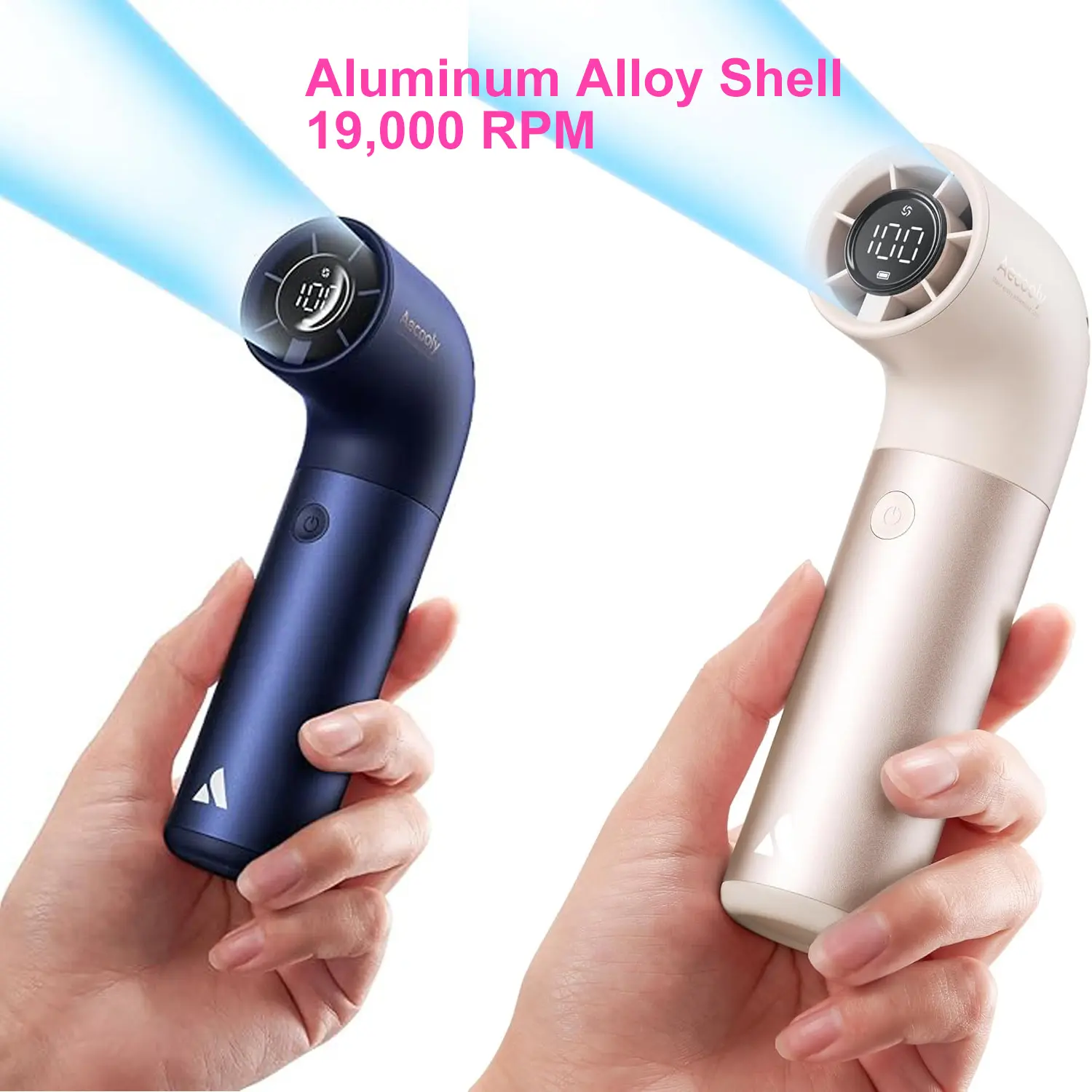 2PCS Portable Handheld Fan, Powerful Turbo Air Tube Fan, 19000 RPM High Speed Aero Pro, 15H Max Cooling Time, 6 Speeds Aluminum Case, Mini Pocket Design, for Travel Beach Outdoor Activities -Blue & Gold