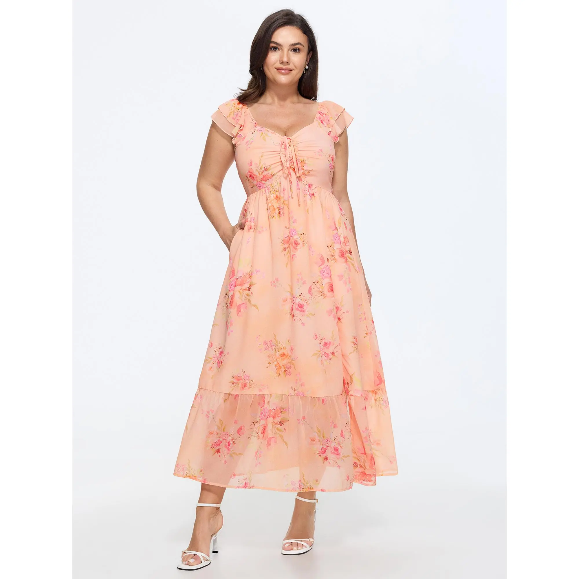 BLOOMCHIC Women's Lady Plus Size Smooth Polyester Floral Print Ruched Ruffled Garment Maxi Dress [M-6X] 2026 Summer Vacation Outfits, Sleeve, Pocket, Fabric, Casual, Curvy Dresses Plus Size, Floral Pattern, Pull-On Fit, Ruched Detail, Plus Size Dresses