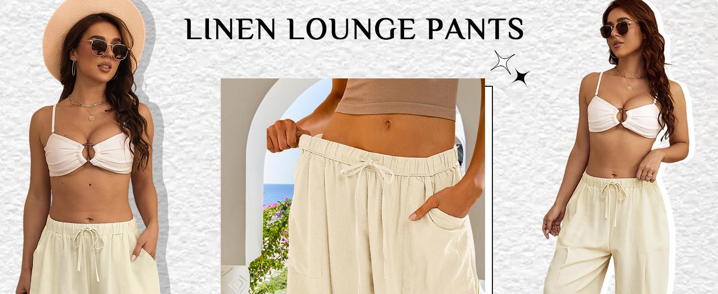 Women's Linen Balloon Barrel Beach Sport Pants Boho Harem Flowy Drawstring Casual Loose Pants with Pockets gym fits baggy Summer Wide Leg Basic Lightweight Bottom Love