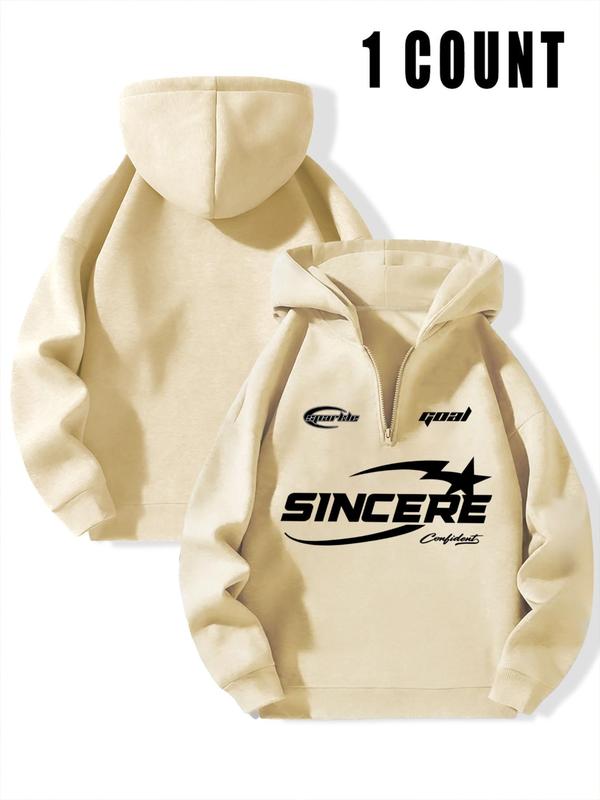 Men's Letter Print Drop Shoulder Zip Up Hoodie, Fashion Casual Regular Fit Hooded Sweatshirt for Daily Holiday Outdoor Wear, Men Clothes for Fall & Winter